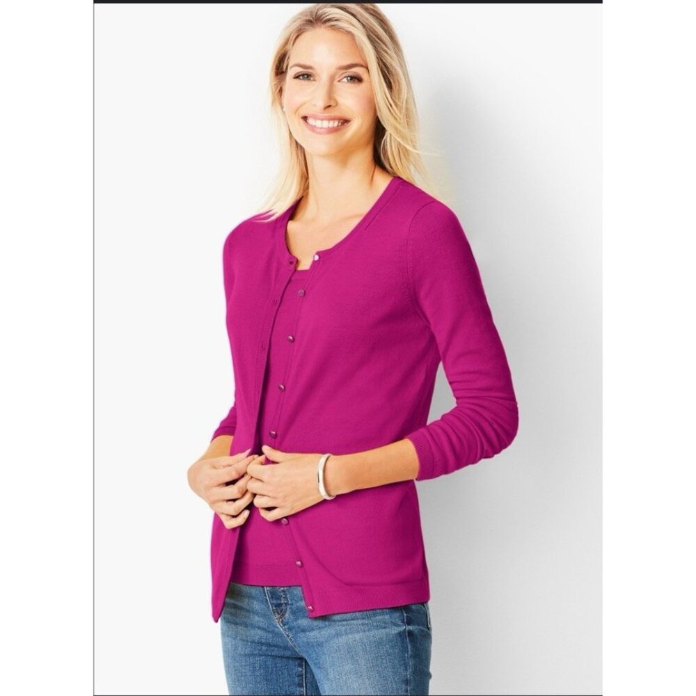 Talbots Cardigan Sweater Magenta Purple S Small Cashmere Touch Classic